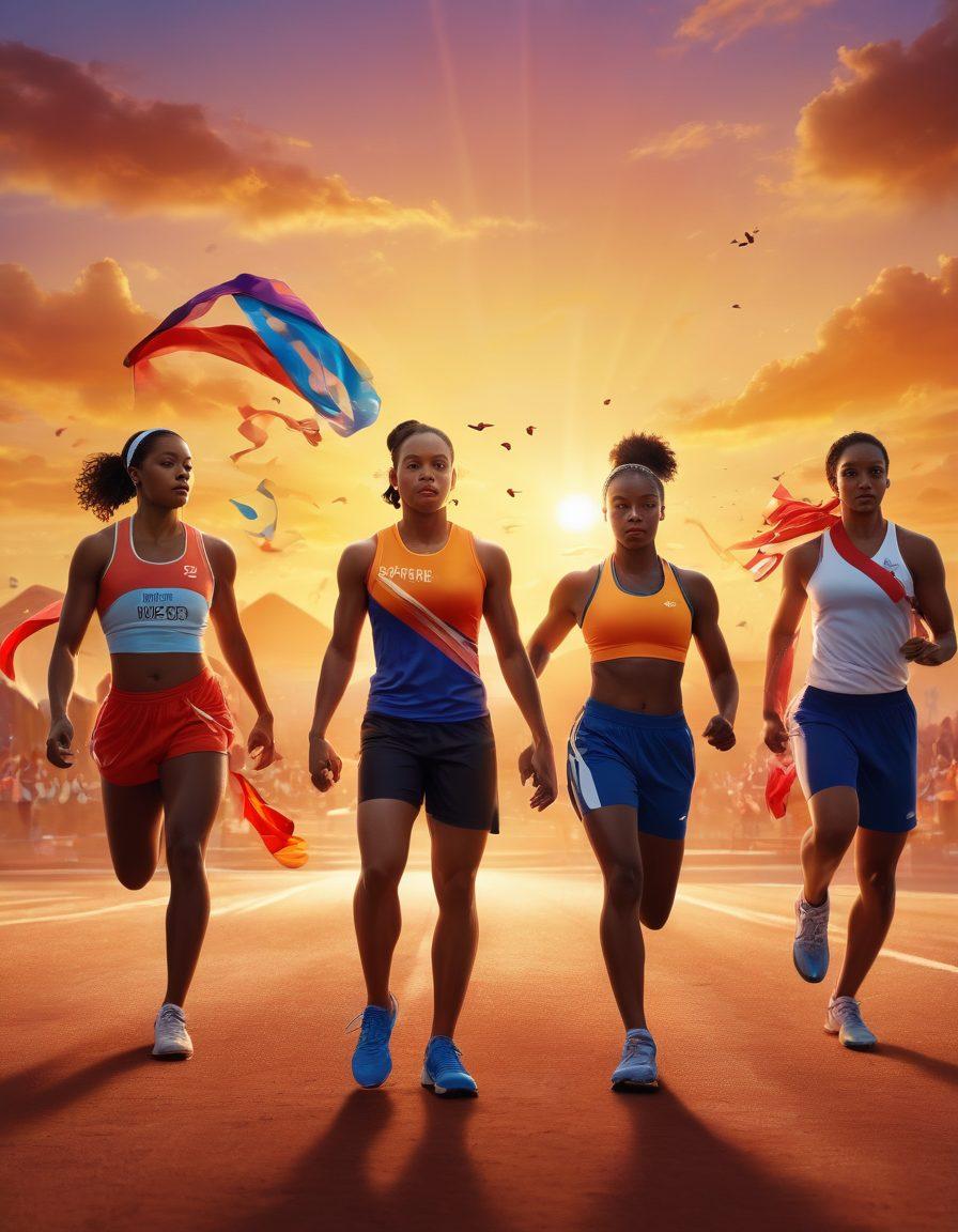 A dynamic scene showing a diverse group of athletes participating in various sports, surrounded by symbolic representations of wellness and strength, such as healthy foods, shining light, and ribbons for awareness. The background should depict a vibrant sunset, symbolizing hope and resilience, with athletes exuding determination and positivity. The overall atmosphere is uplifting and motivational. super-realistic. vibrant colors. 3D.