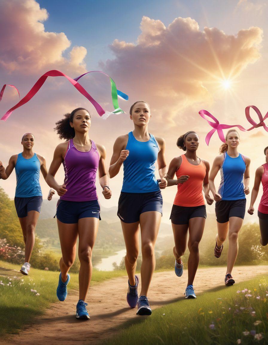A dynamic scene showcasing a diverse group of athletes engaging in various sports, symbolizing resilience and strength, with a backdrop of a serene landscape representing hope and healing. Include elements of awareness ribbons and fitness gear to reflect the oncology theme. The athletes should be depicted in motion, exuding joy and determination. super-realistic. vibrant colors. uplifting atmosphere.