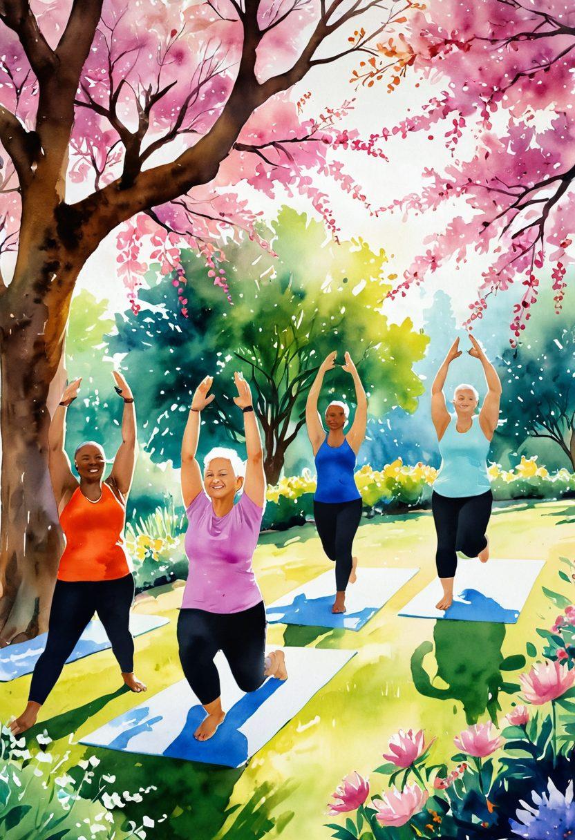 A powerful scene depicting a diverse group of cancer patients engaging in various fitness activities, such as yoga, weightlifting, and group running, against a backdrop of a serene park filled with blooming flowers. The atmosphere radiates hope and strength with sunlight streaming through the trees, casting a warm glow on the participants. Each individual displays determination and joy, showcasing unity and empowerment in their journey. watercolor painting. vibrant colors. soft focus.